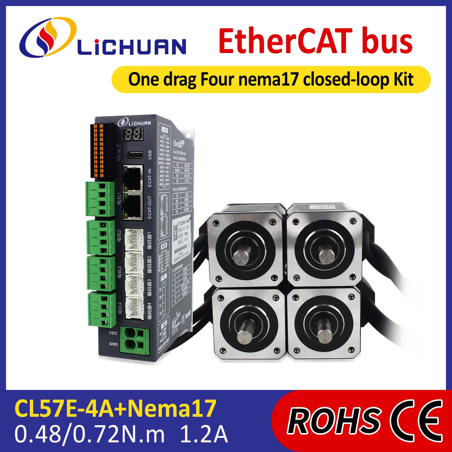 EtherCAT 2-fase Nema17 4-akset DC-trinnmotor med lukket sløyfe-driversett