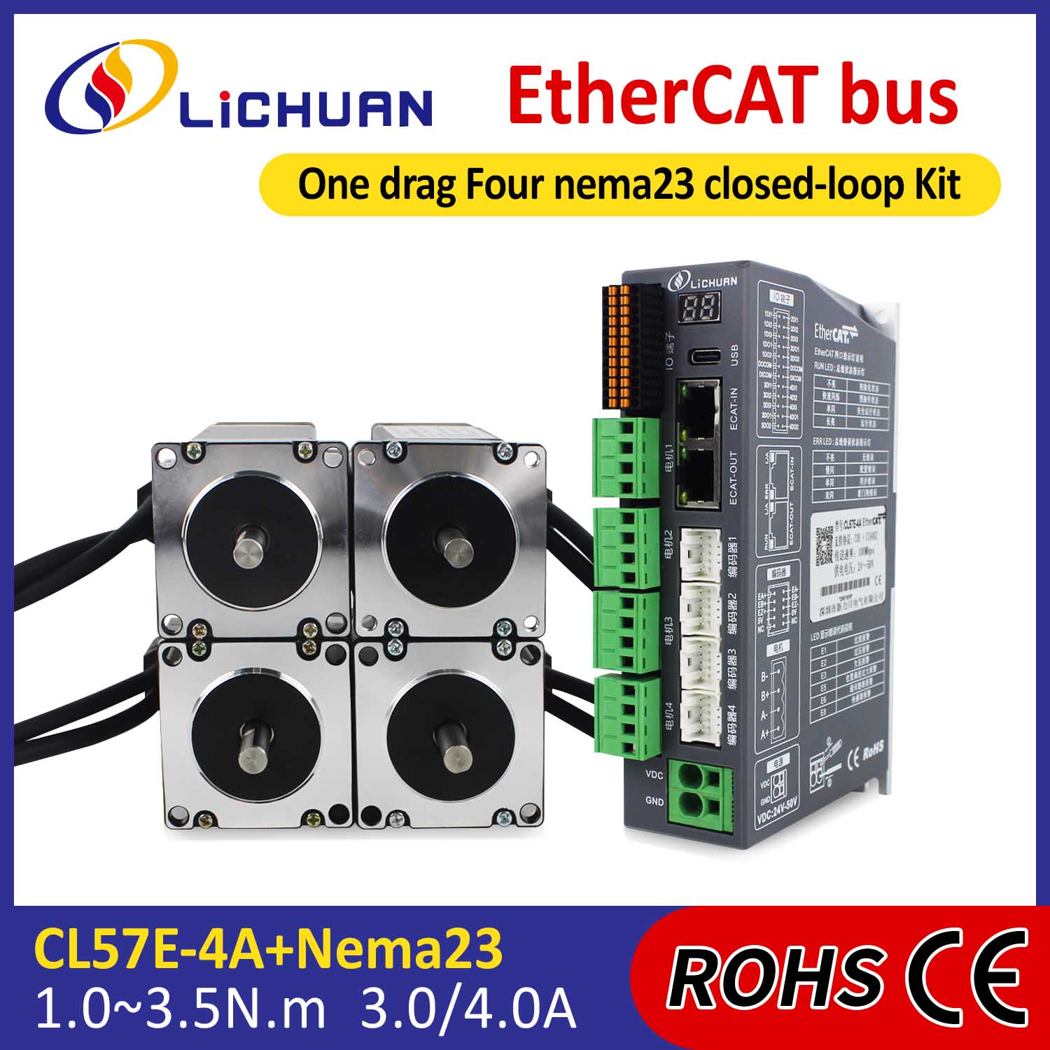 EtherCAT 2-fase Nema23 4-akset DC-trinnmotor med lukket sløyfe-driversett