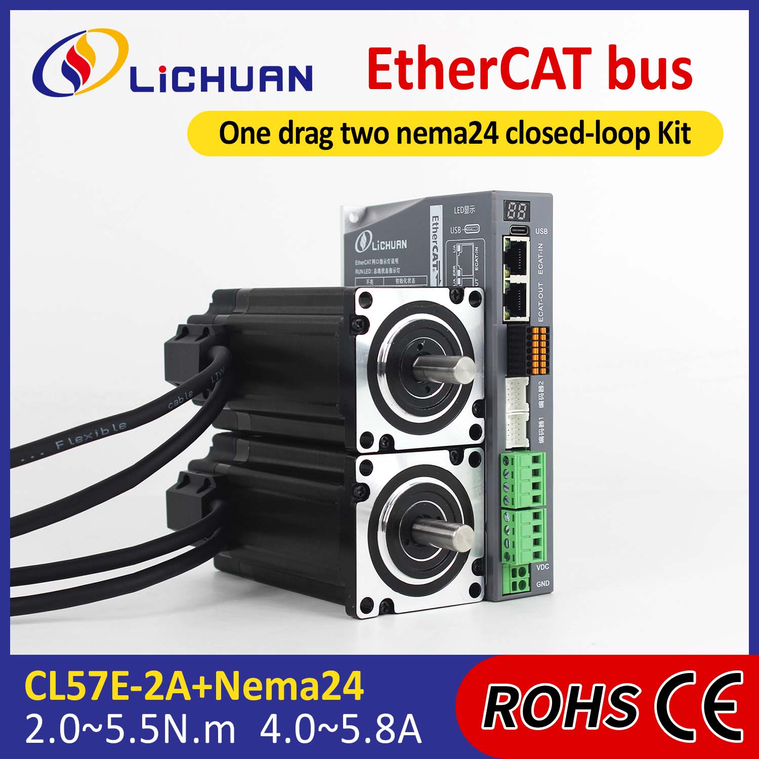 EtherCAT 2-fase Nema24 2-akset DC-trinnmotor med lukket sløyfe-driversett