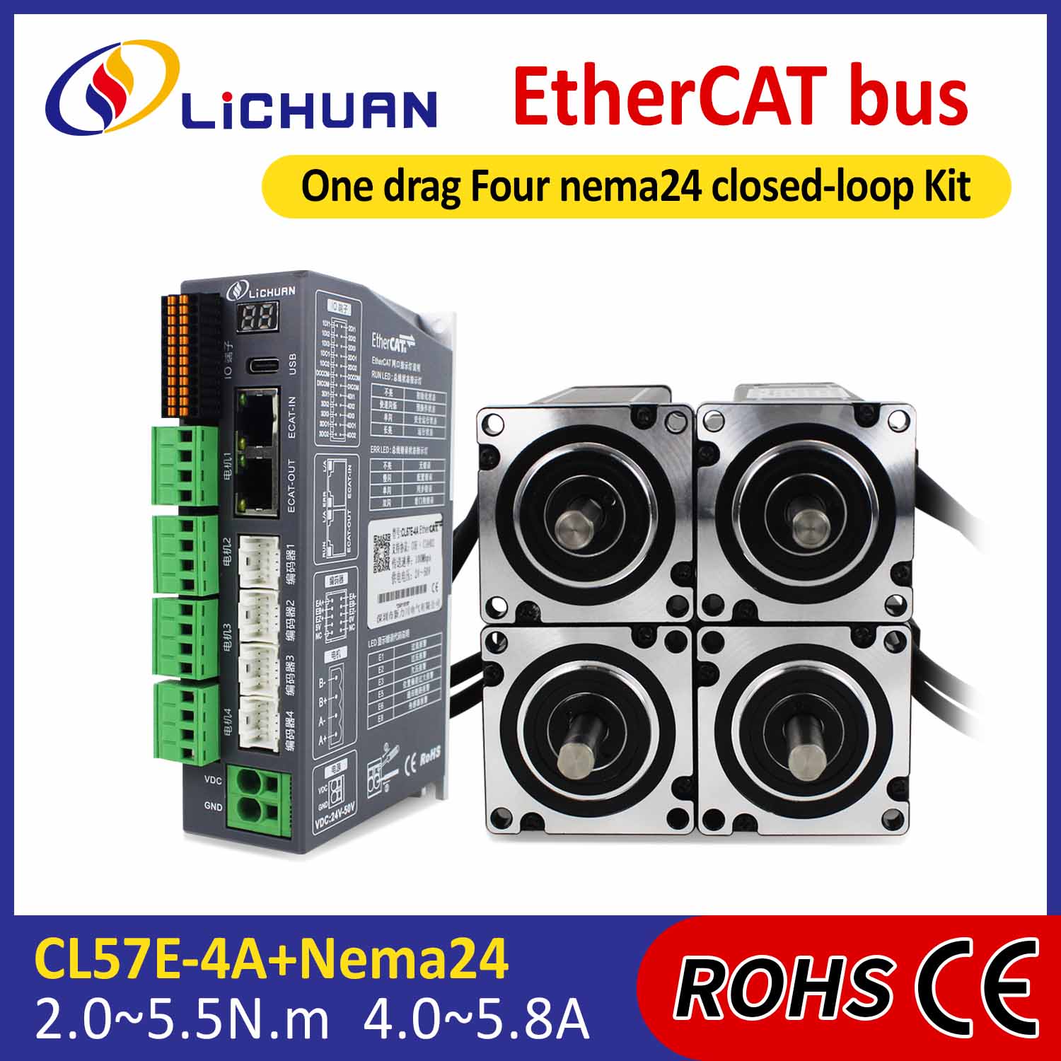 EtherCAT 2-fase Nema24 4-akset DC-trinnmotor med lukket sløyfe-driversett