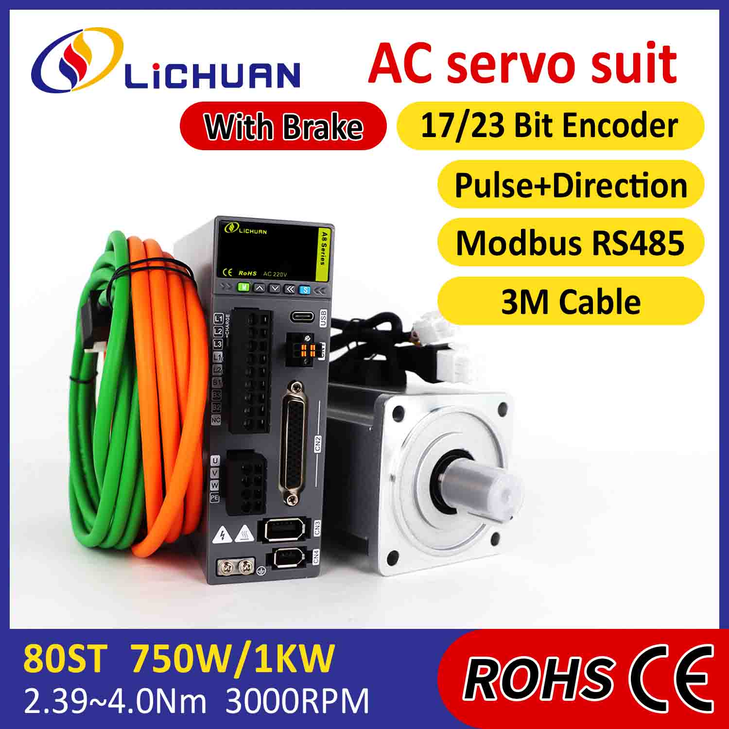Lichuan AC Servo Motor Drivers Kit A8 Høy nøyaktighet STO ABZ 1000W 1KW 3.2N.m 220V 5.8A 2500/3000RPM IP65