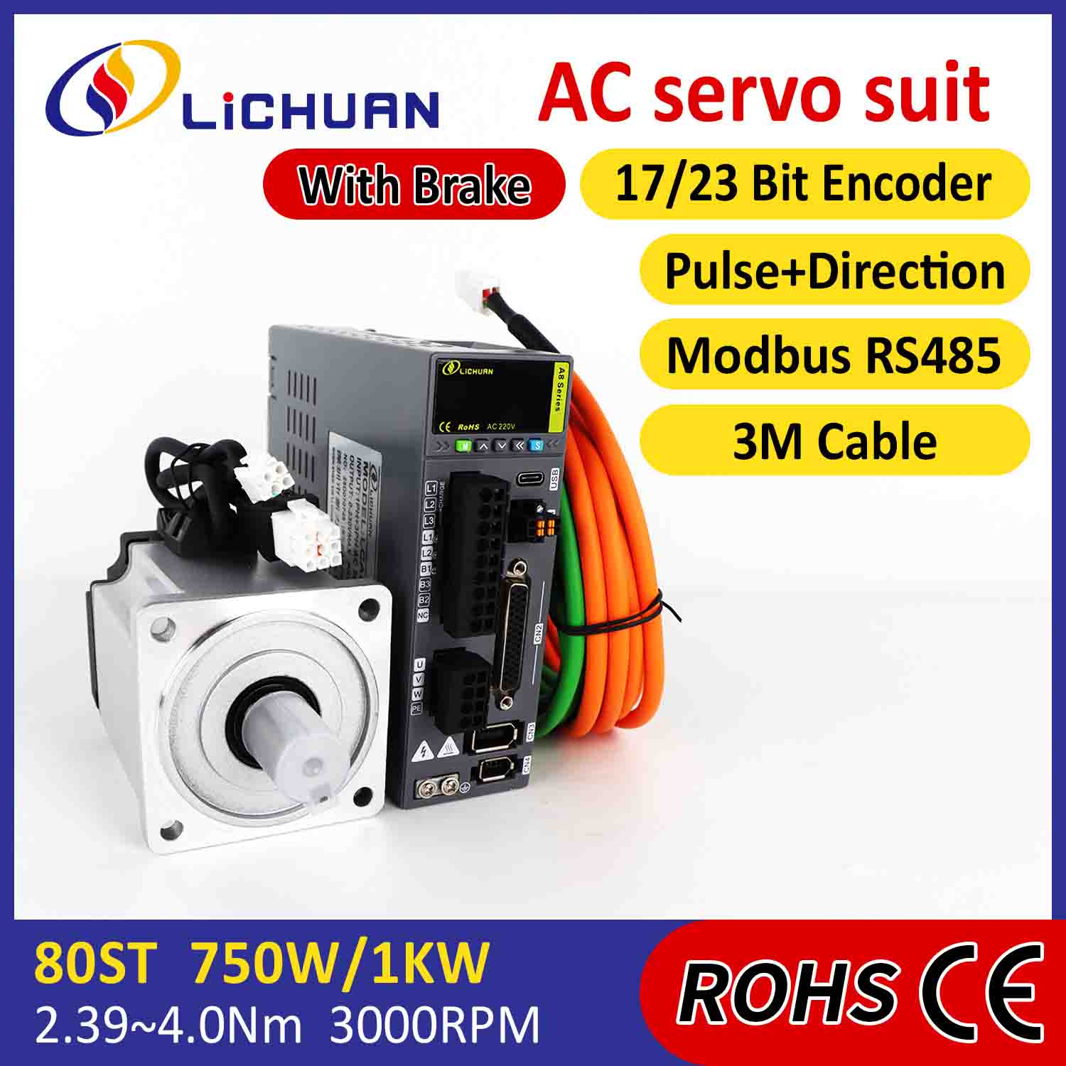 Lichuan AC Servo Motor Drivers Kit A8 Høy nøyaktighet STO ABZ 1001W 1KW 4.0N.m 220V 4.6A 2500/3000RPM IP65