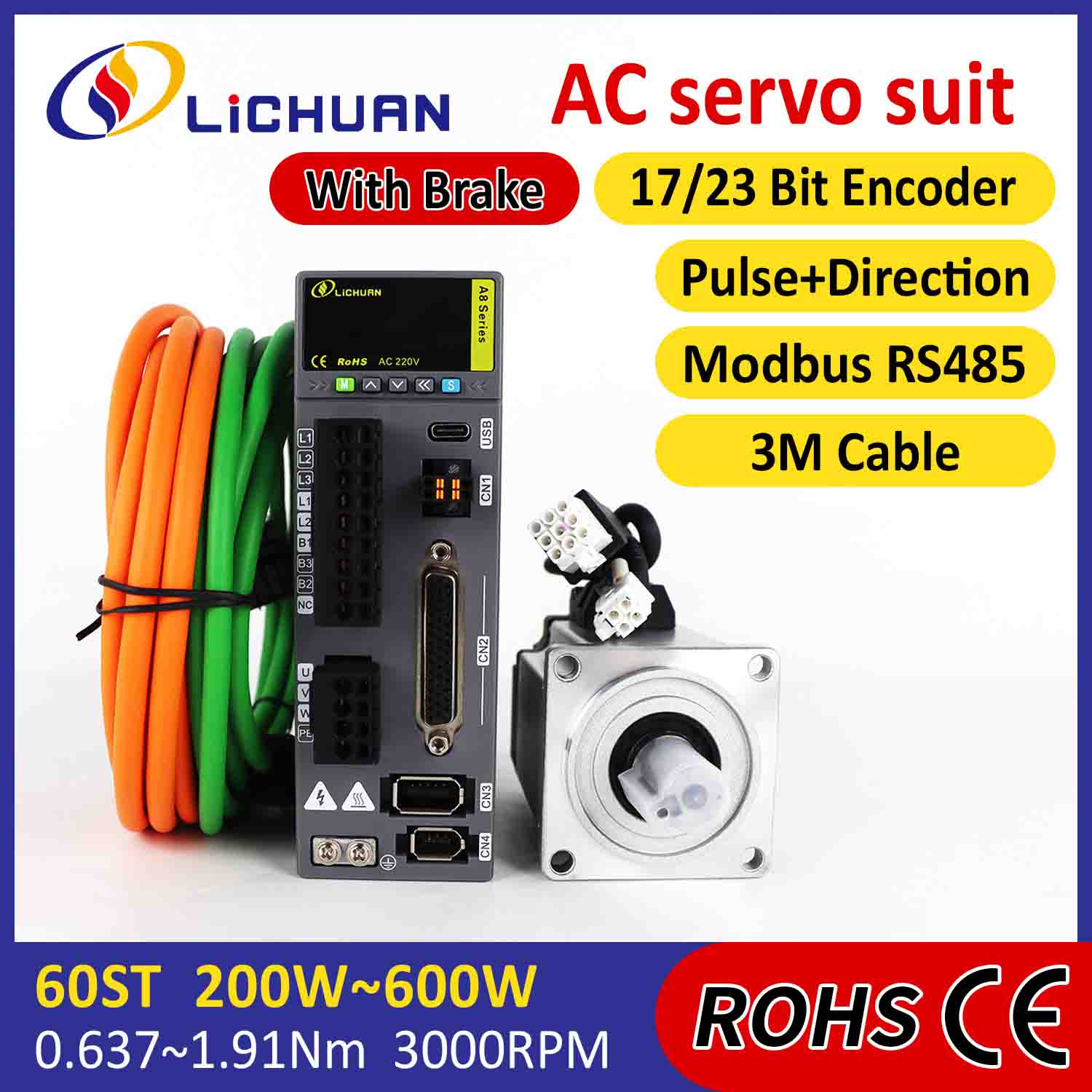 Lichuan AC Servo Motor Drivers Kit A8 Høy nøyaktighet STO ABZ 200W 0,637N.m 220V 1,6A 3000RPM IP65