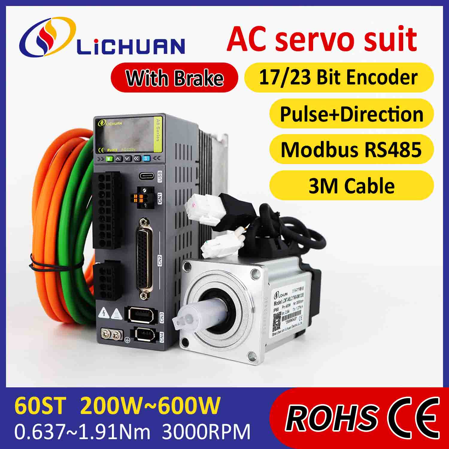 Lichuan AC Servo Motor Drivers Kit A8 Høy nøyaktighet STO ABZ 400W 1.27N.m 220V 2.5A 3000RPM IP65