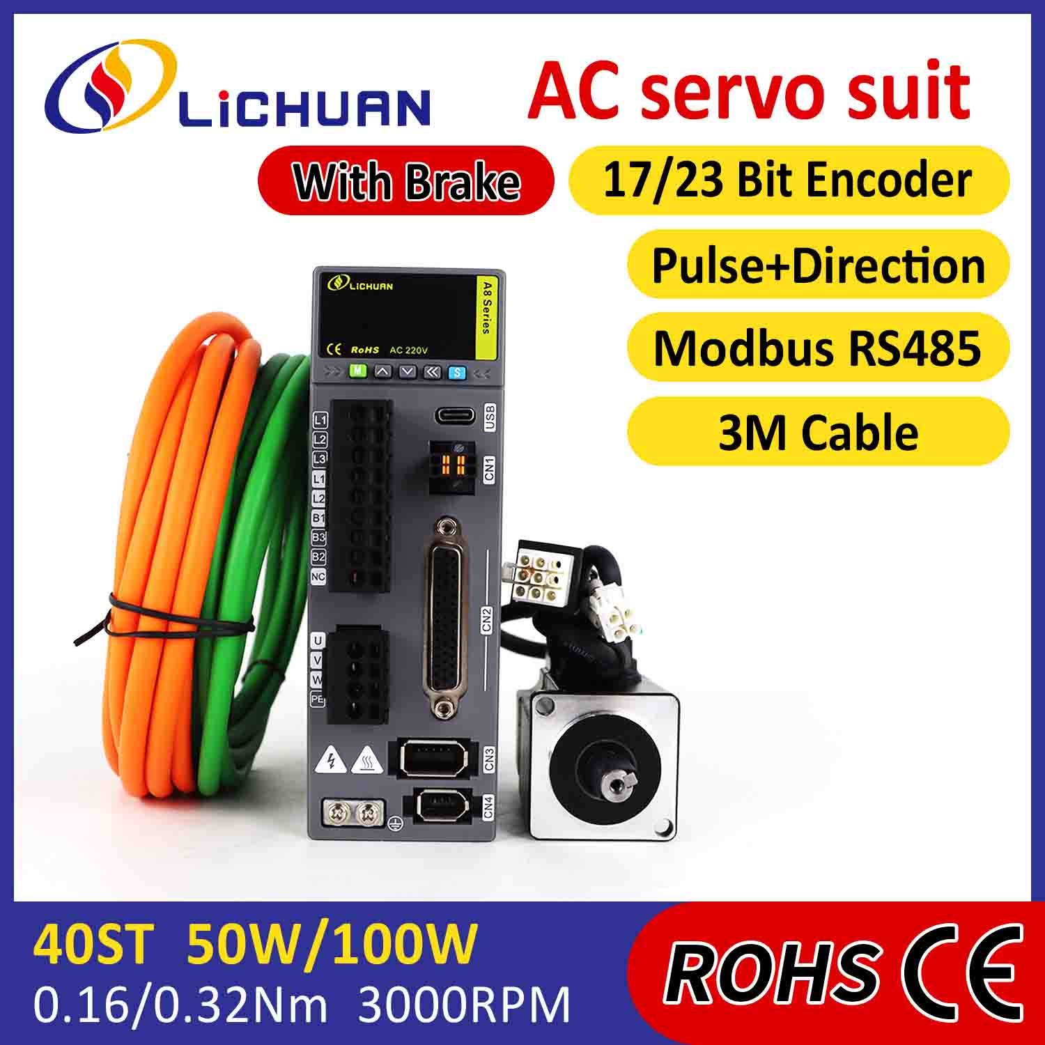 Lichuan AC Servo Motor Drivers Kit A8 Høy nøyaktighet STO ABZ 50W 0,16N.m 220V 0,8A 3000RPM IP65