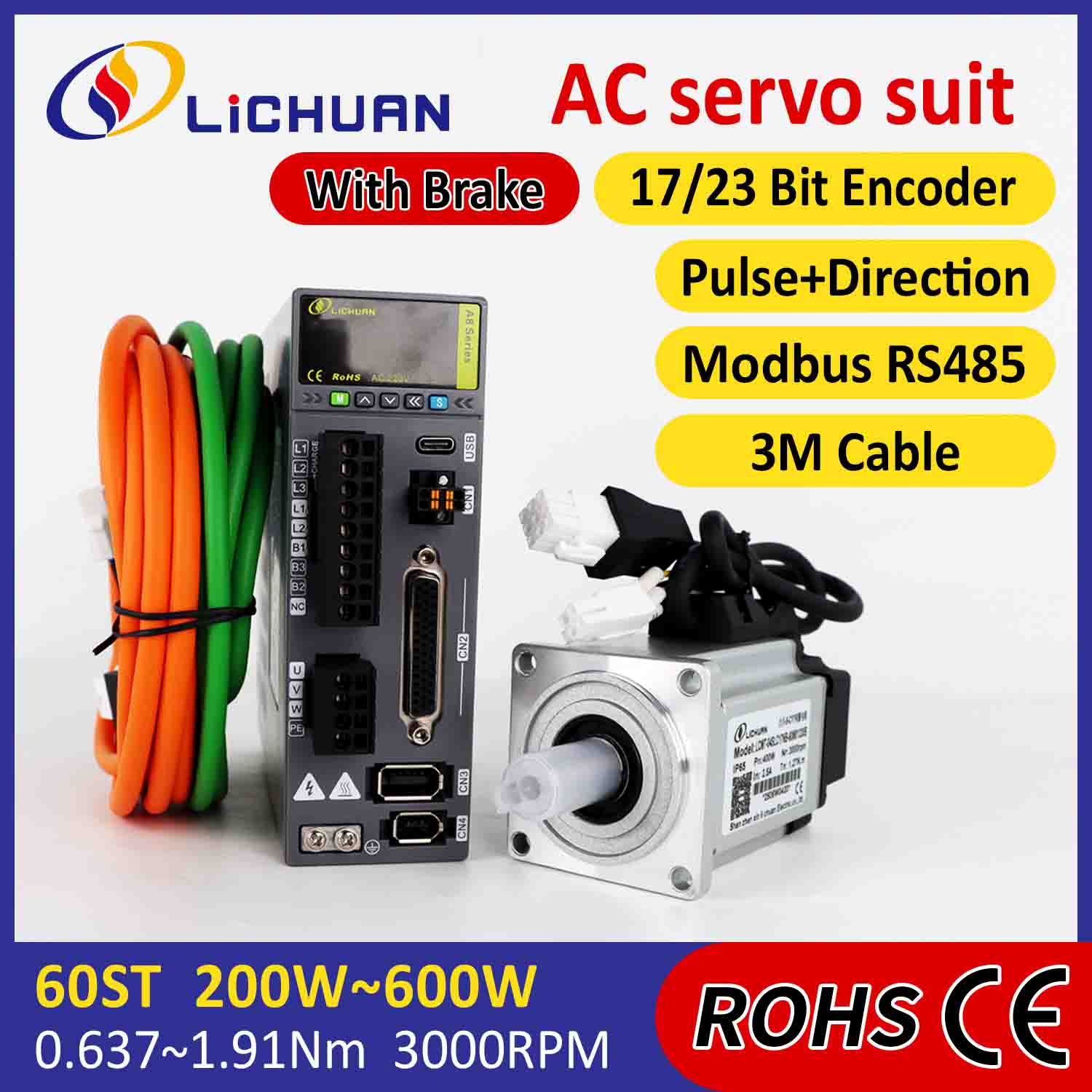 Lichuan AC Servo Motor Drivers Kit A8 Høy nøyaktighet STO ABZ 600W 1.91N.m 220V 3.3A 3000RPM IP65