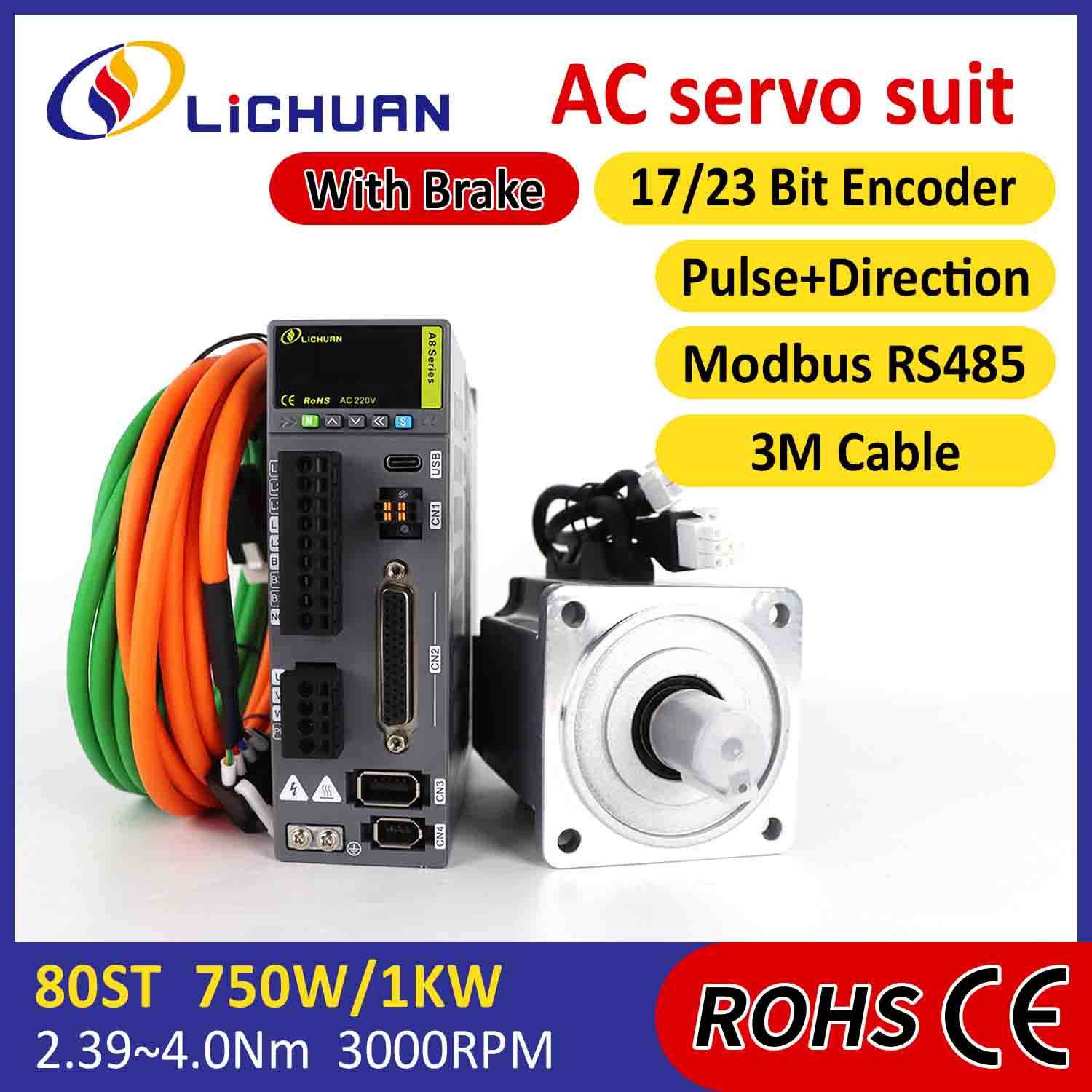 Lichuan AC Servo Motor Drivers Kit A8 Høy nøyaktighet STO ABZ 750W 0,75KW 2,39N.m 220V 4,5A 2500/3000RPM IP65