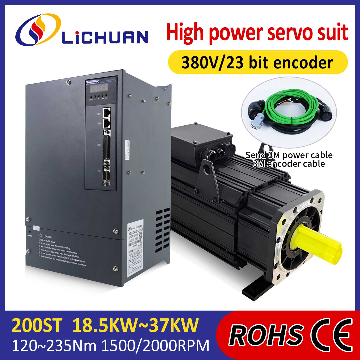 Lichuan AC Servo Motor Drivers Kit HØY EFFEKT 120N.m 18.5KW AC380V 31.8A 1500/2000RPM IP65