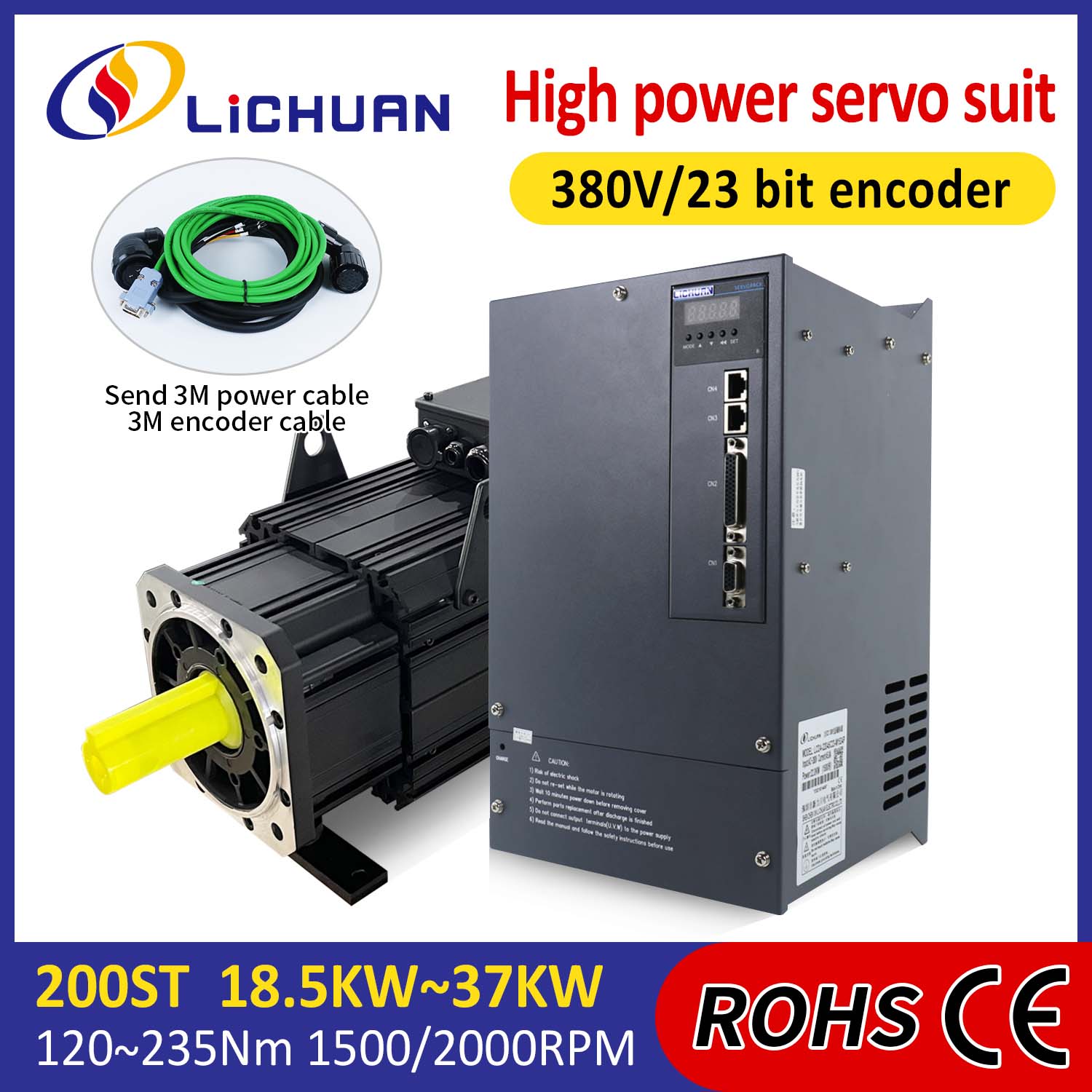 Lichuan AC Servo Motor Drivers Kit HØY EFFEKT 140N.m 22KW AC380V 44.7A 1500/2000RPM IP65