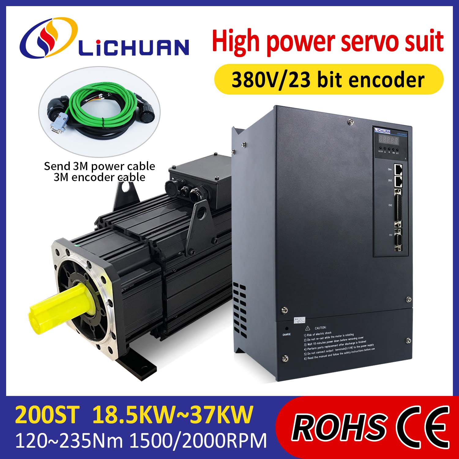 Lichuan AC Servo Motor Drivers Kit HØY EFFEKT 191N.m 30KW AC380V 52A 1500/2000RPM IP65