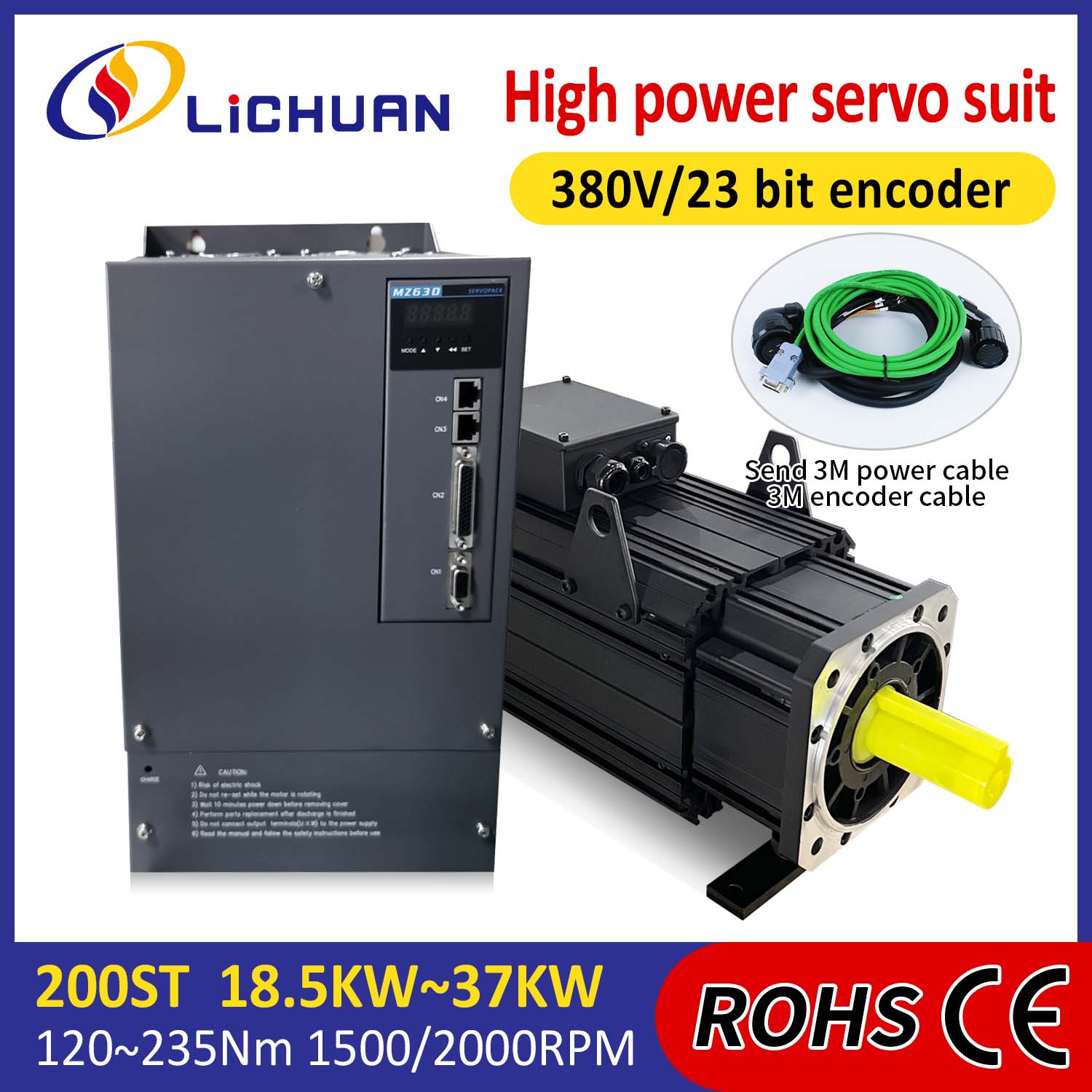 Lichuan AC Servo Motor Drivers Kit HØY EFFEKT 88N.m 18.5KW AC380V 31.6A 1500/2000RPM IP65