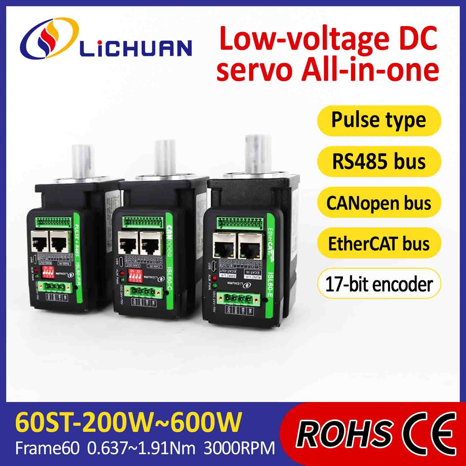Lichuan integrerte servomotorer driver L-formet 400W 1,27N.m DC24/48V 6.0/10/12/15A 3000RPM IP65