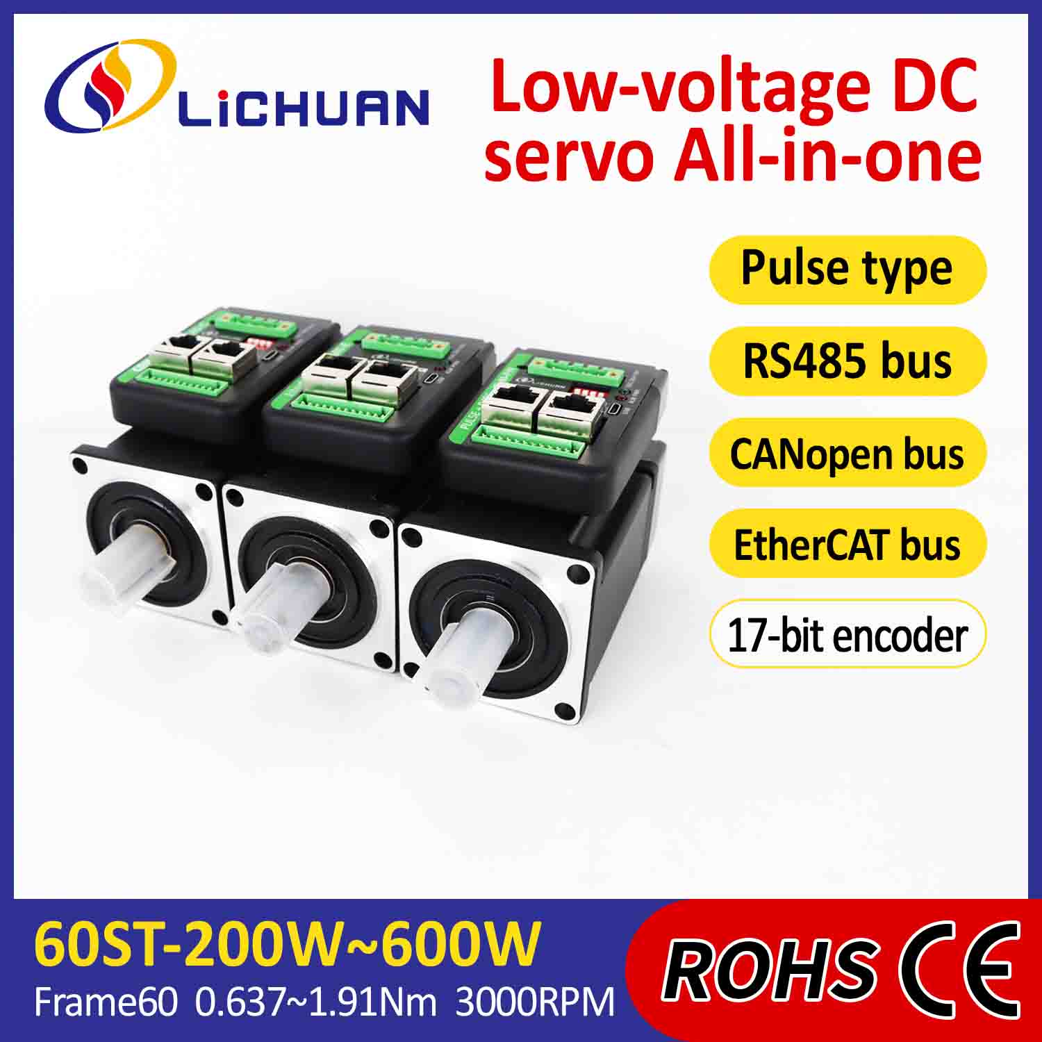 Lichuan integrerte servomotorer driver L-formet 600W 1,91N.m DC24/48V 6.0/10/12/15A 3000RPM IP65