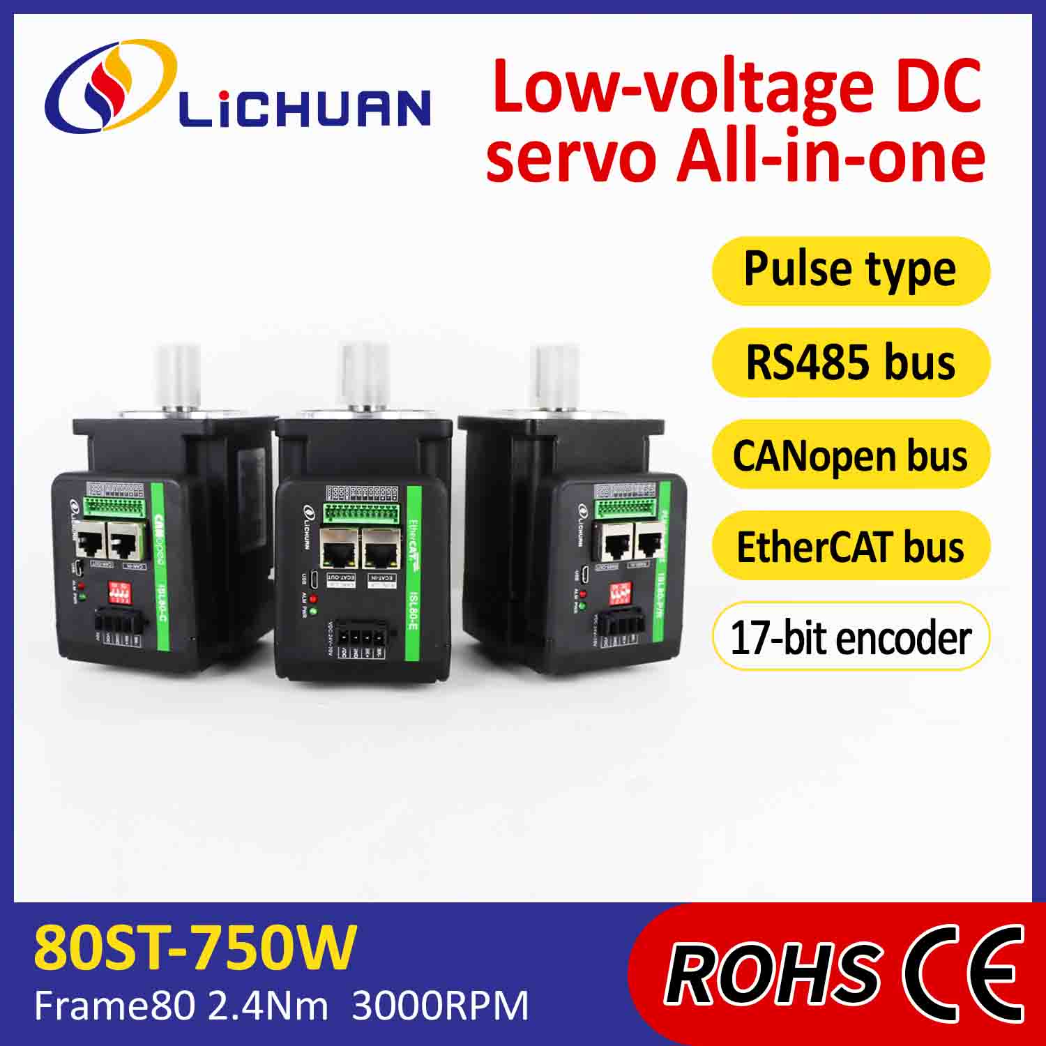 Lichuan integrerte servomotorer driver L-formet 750W 2,4N.m DC48V 20A 3000RPM IP65