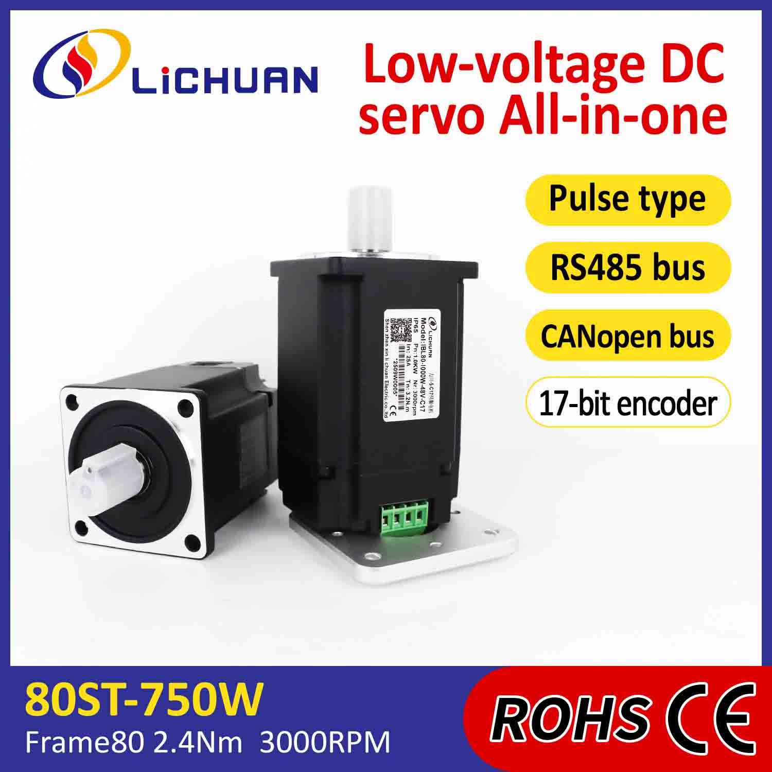 Lichuan integrerte servomotorer Driver Pulse/RS485/CANopen Control 1000W 3.2N.m DC48V 20/25A 3000RPM IP65