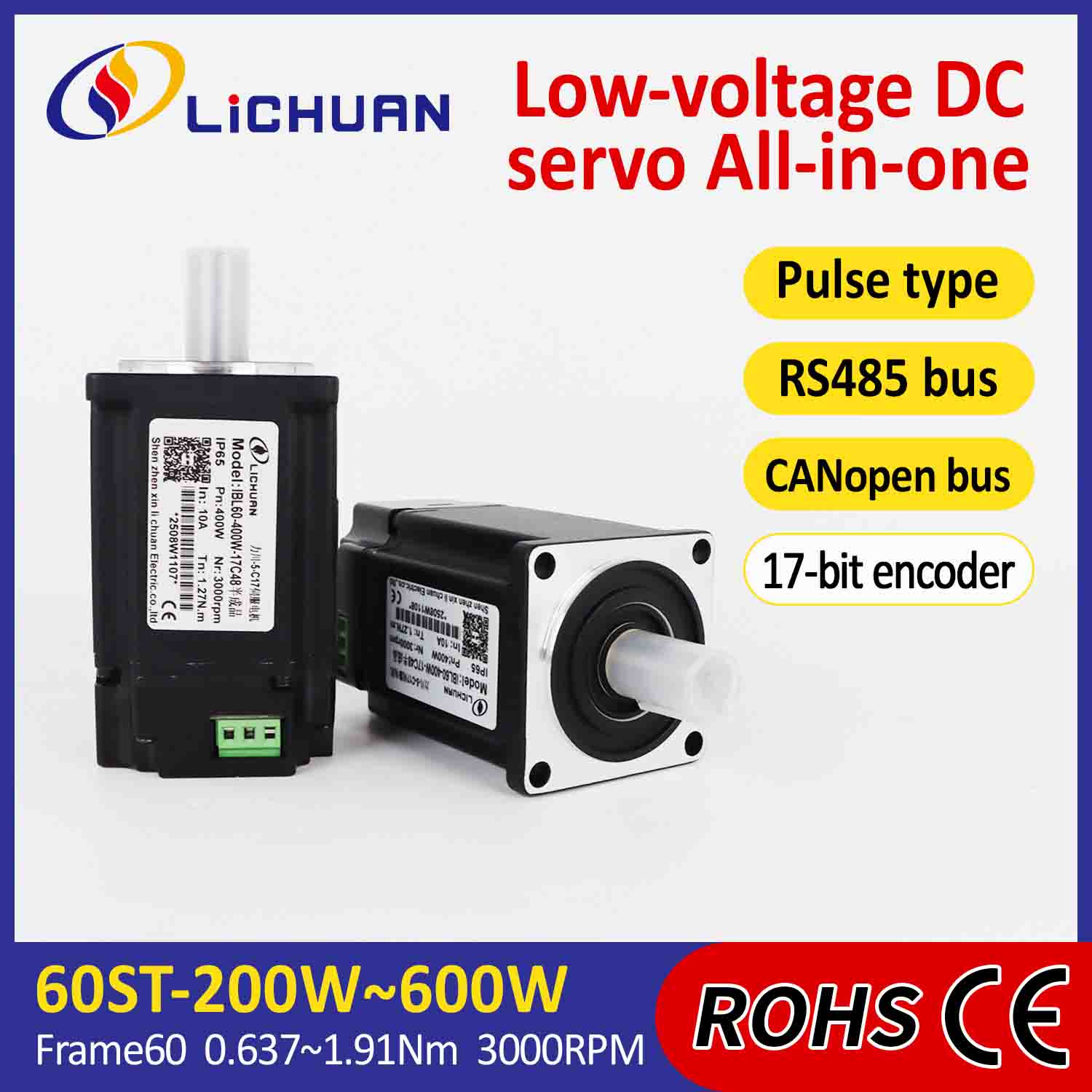 Lichuan integrerte servomotorer Driver Pulse/RS485/CANopen Control 600W 1,91N.m DC24/48V 6/10/12/15A 3000RPM IP65