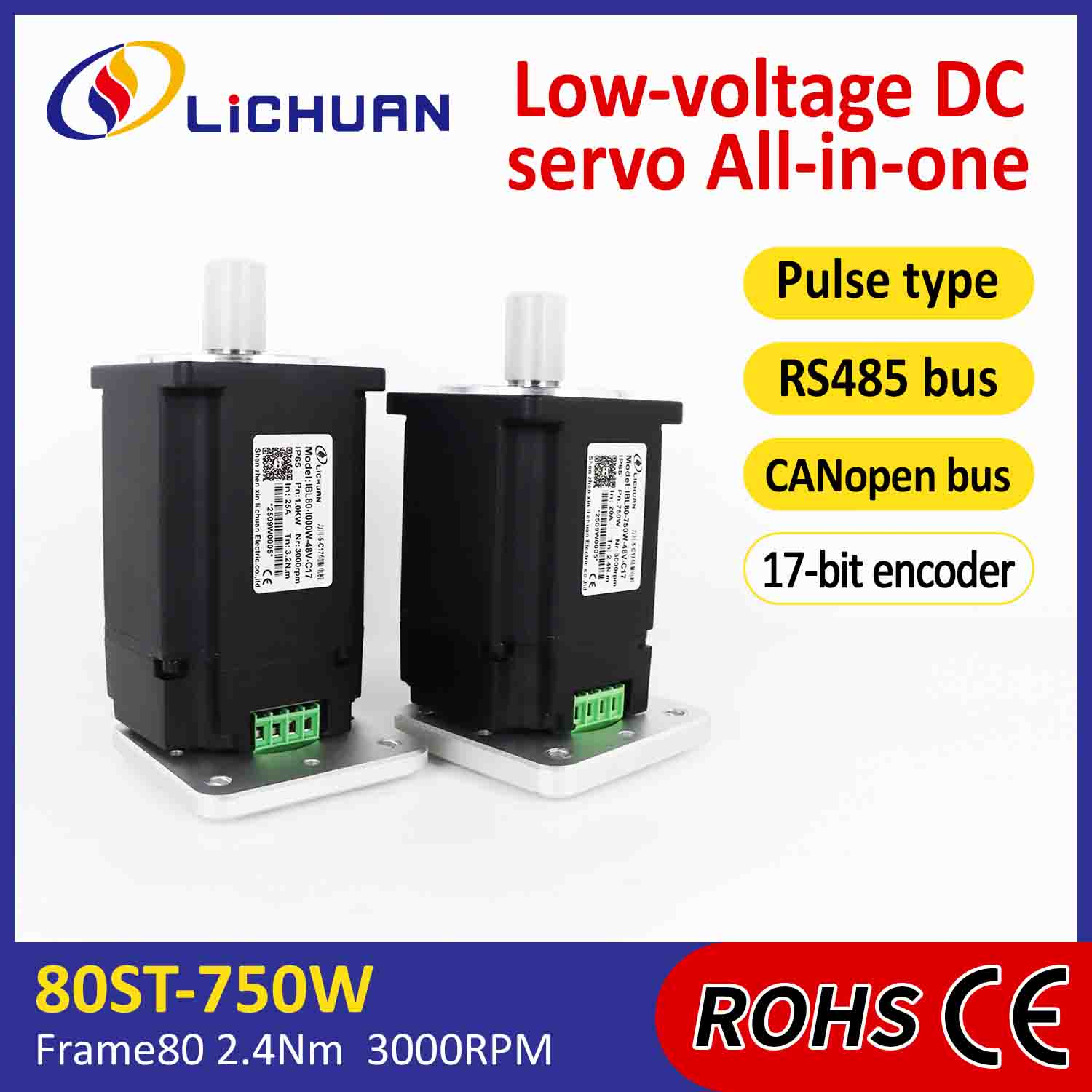 Lichuan integrerte servomotorer Driver Pulse/RS485/CANopen Control 750W 2,4N.m DC48V 20/25A 3000RPM IP65