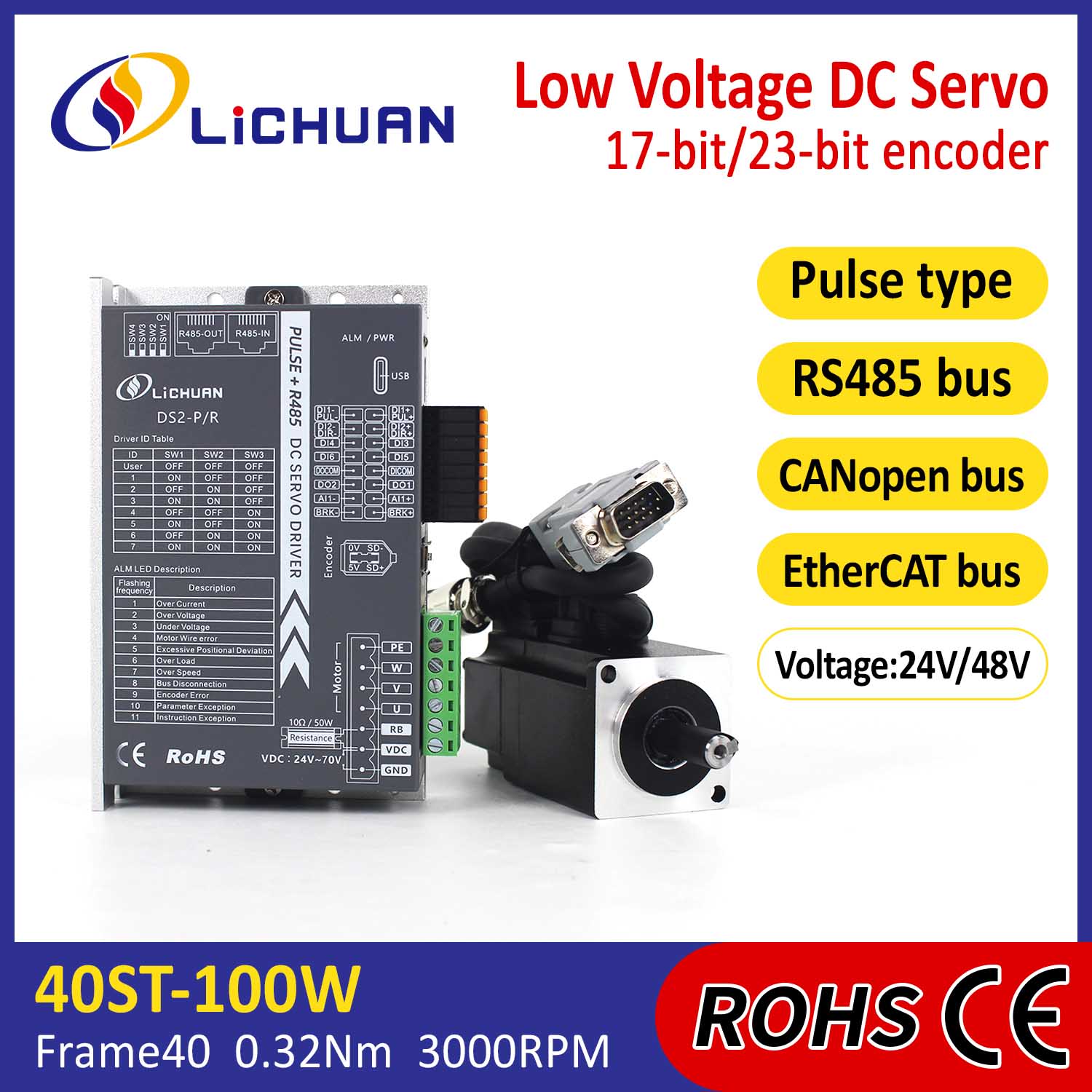 Pulse/RS485/CANopen/EtherCAT 40 FLENSED 100W lavspent DC-servomotordriversett