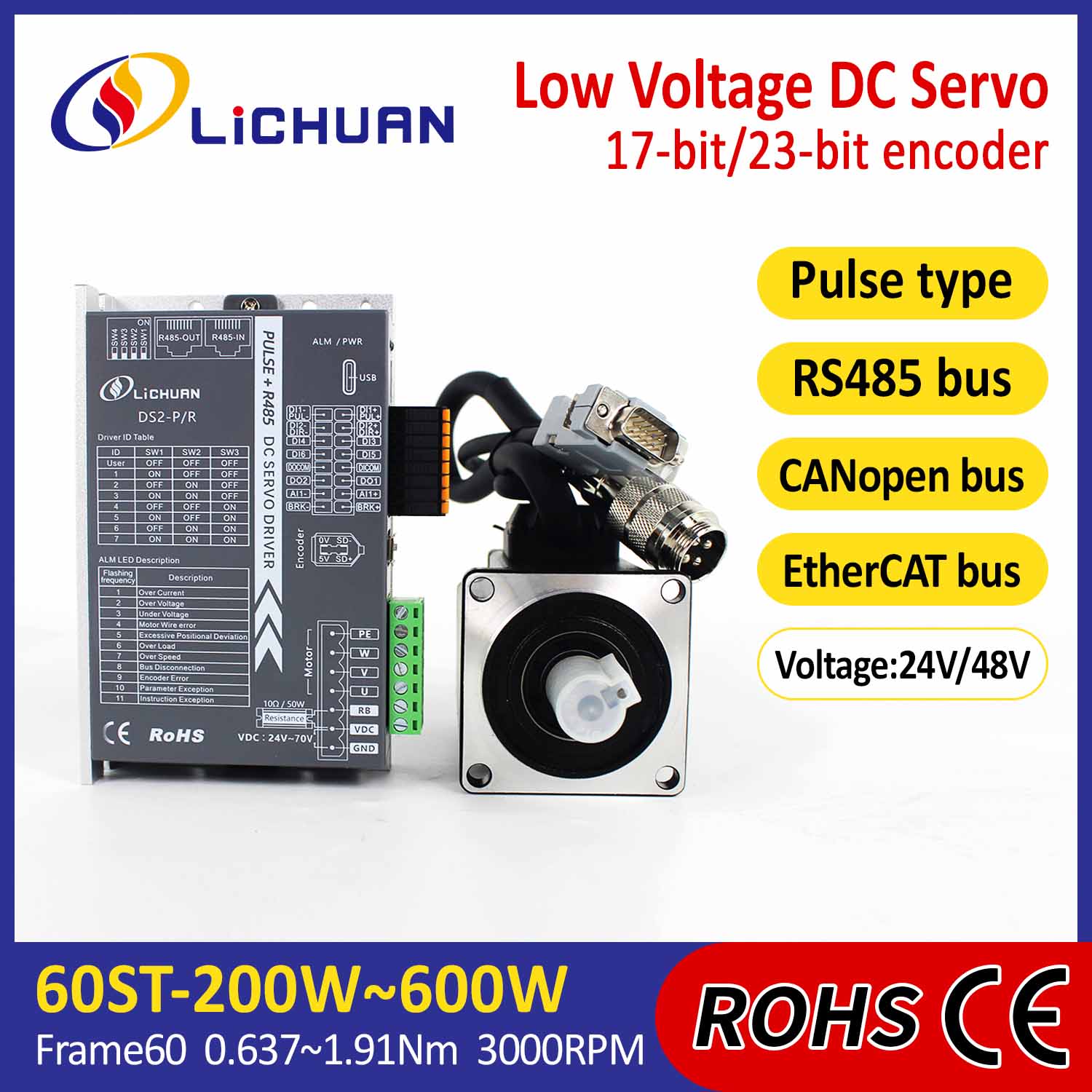Pulse/RS485/CANopen/EtherCAT 60 FLENSET 200W/400W/600W Lavspent DC-servomotordriversett